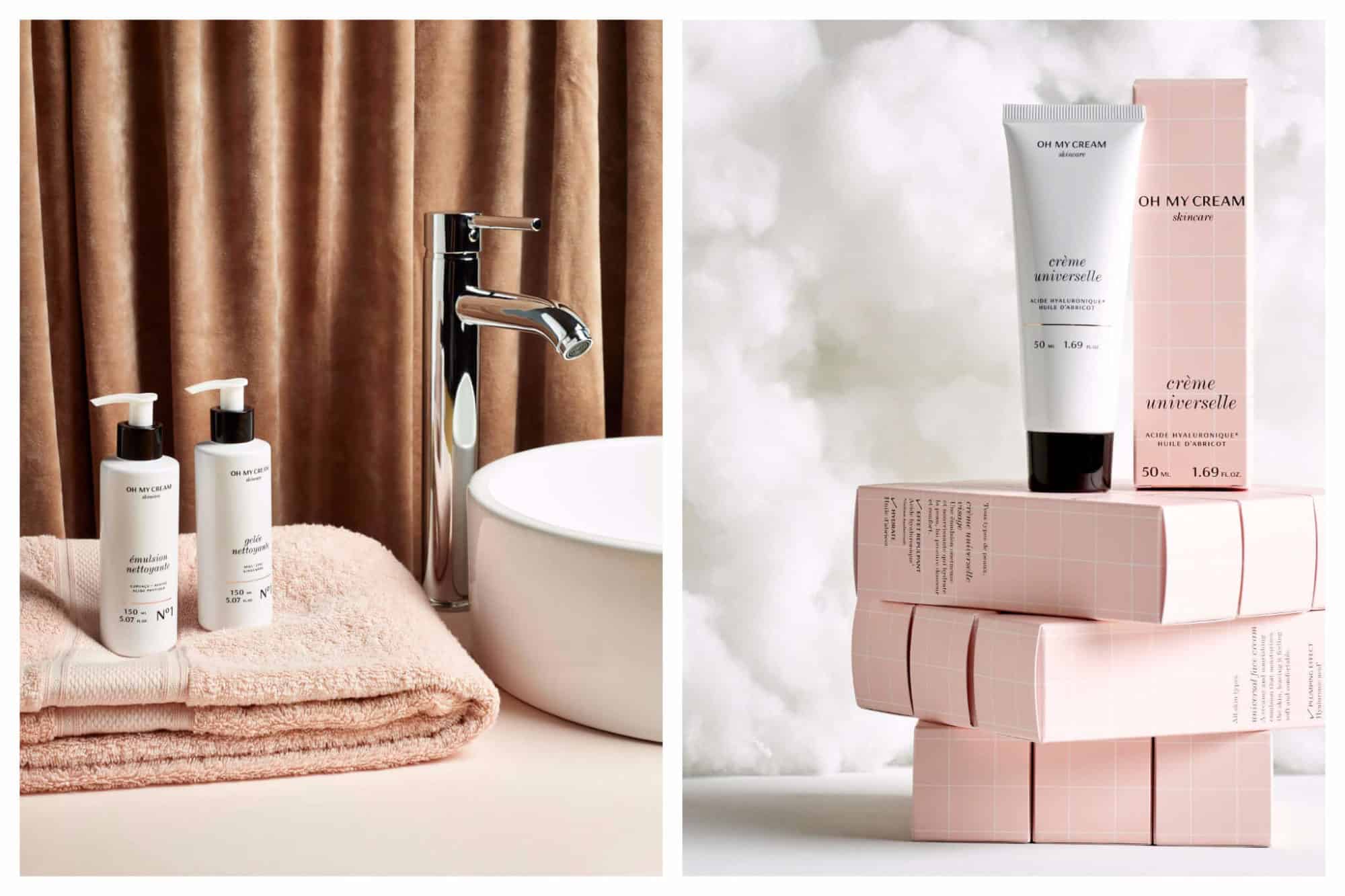 Left, two bottles of cream on a towel in a bathroom from Oh My Cream! brand in Paris. Right, stacked pink and while creams by Parisian brand to shop from home.