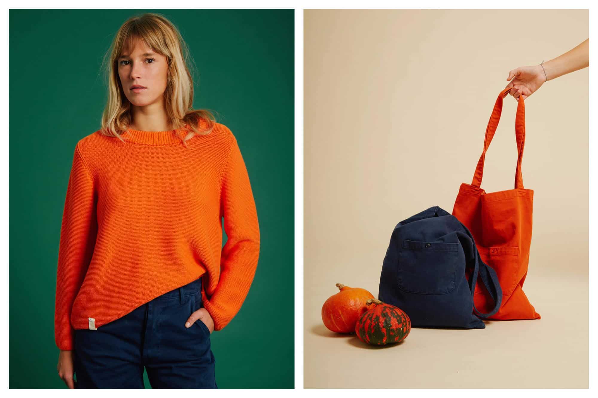 Left: a blonde woman wearing a bright orange knit jumper and navy blue pants. She has one hand in her pocket. Right: two bags, one bright orange and one navy blue, with a hand holding onto the strap of the orange one. There are also two orange pumpkins next to them.