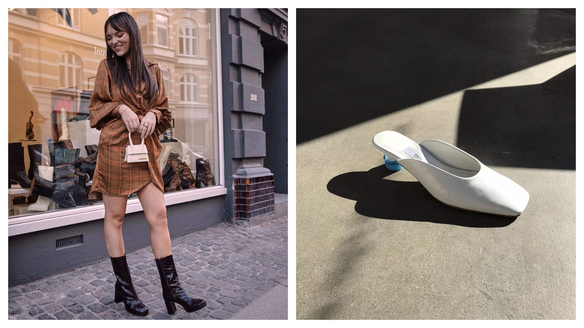 Left: a smiling woman standing on a cobblestone footpath in front of a shop window. She's wearing a brown dress with a white miniature handbag and black heeled boots. Right: a white slip on mule shoe with a blue plastic bottle top lid as the heel. 