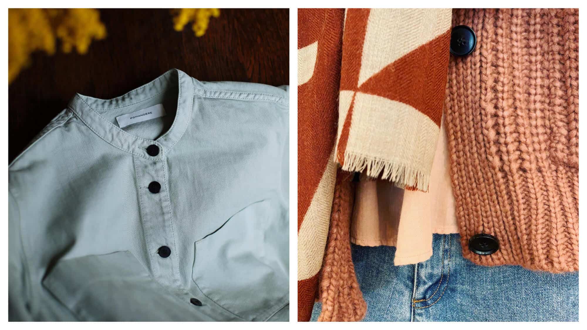Left: a pale blue/green button-up shirt on a wood table. The buttons are black and the shirt doesn't have a colour. The label of the shirt is Pomandere. Right: a close up of a woman's outfit, she's wearing an pale orange shirt with an orange/brown knit cardigan, a cream and burnt orange scarf and jeans. 
