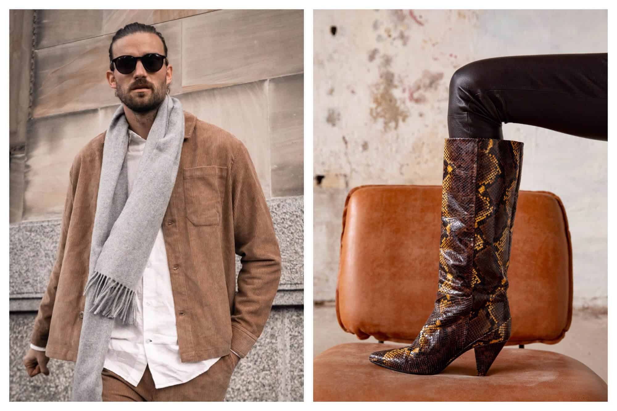 Left: a man in front of a stone wall wearing a camel coloured jacket and matching pants, a white shirt, a grey scarf and sunglasses. Right: a woman's leg positioned on a tan leather chair. She's wearing black pants with brown snakeskin heeled boots.