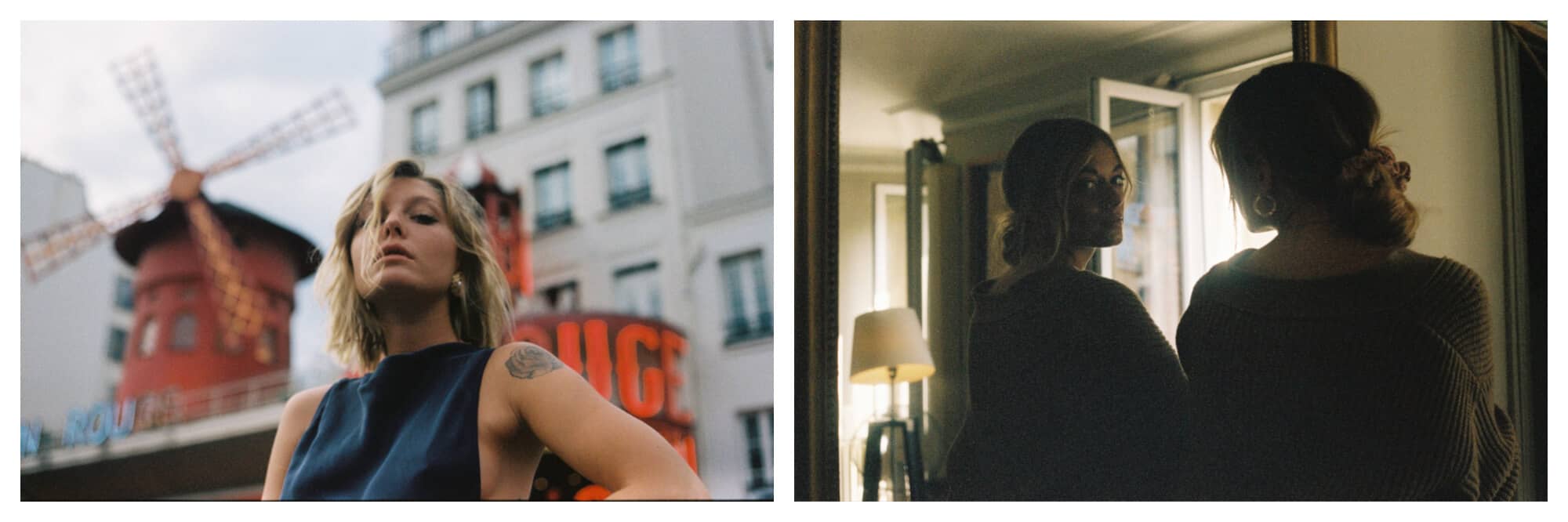 Left: a girl in front of the Moulin Rouge in Paris. She has blonde hair and is wearing a high neck, sleeveless top or dress. She has a tattoo on her shoulder. Right: a girl looking in the mirror of a Parisian apartment. Her blonde hair is in a bun and she wears a gold hoop hearing. 