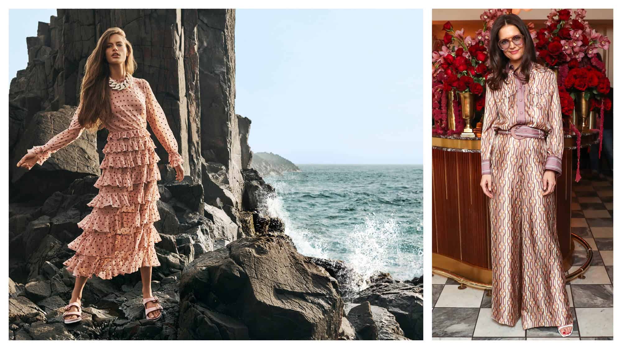 Left: a woman on rocks near the ocean wearing a long, frilly pale pink dress with black polka dots. Right: Katie Holmes in front of a bar covered with vases of flowers wearing a patterned shirt and matching pants.