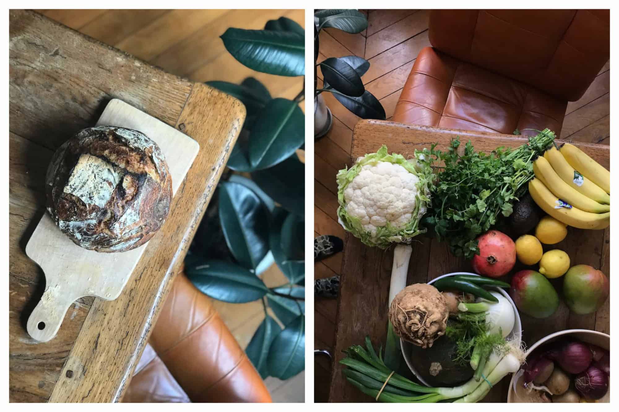 A loaf of bread and fresh produce lay on the tabletop of Erin's Paris apartment. 