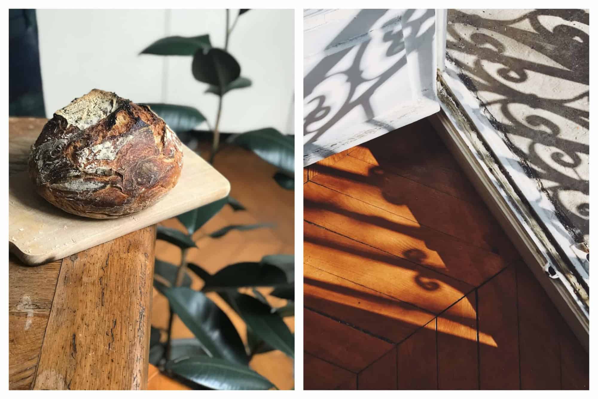 Left: A loaf of bread sits on a cutting board in an apartment in Paris.
Right: Rays of sunshine cast shadows in Erin's Paris apartment.