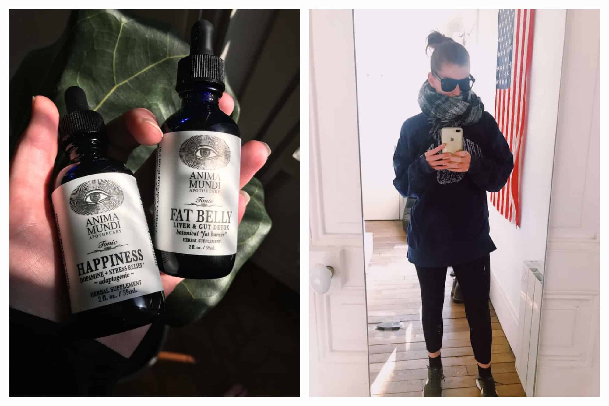 Left: Herbal supplements are held in a ray of sunlight inside an apartment.
Right: Erin takes a selfie in the mirror of her apartment.