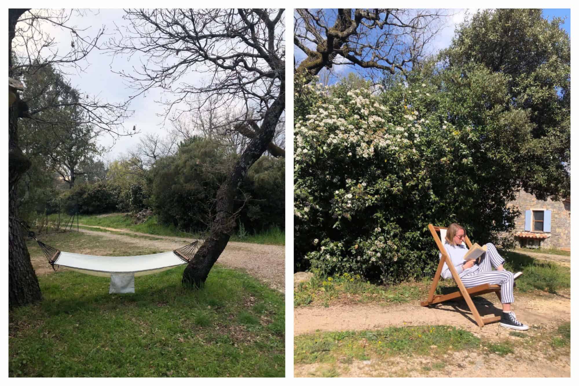Left: A hammock hangs from two trees in the South of France.
Right: Jamie sits and reads a book on a sunny day in the South of France.