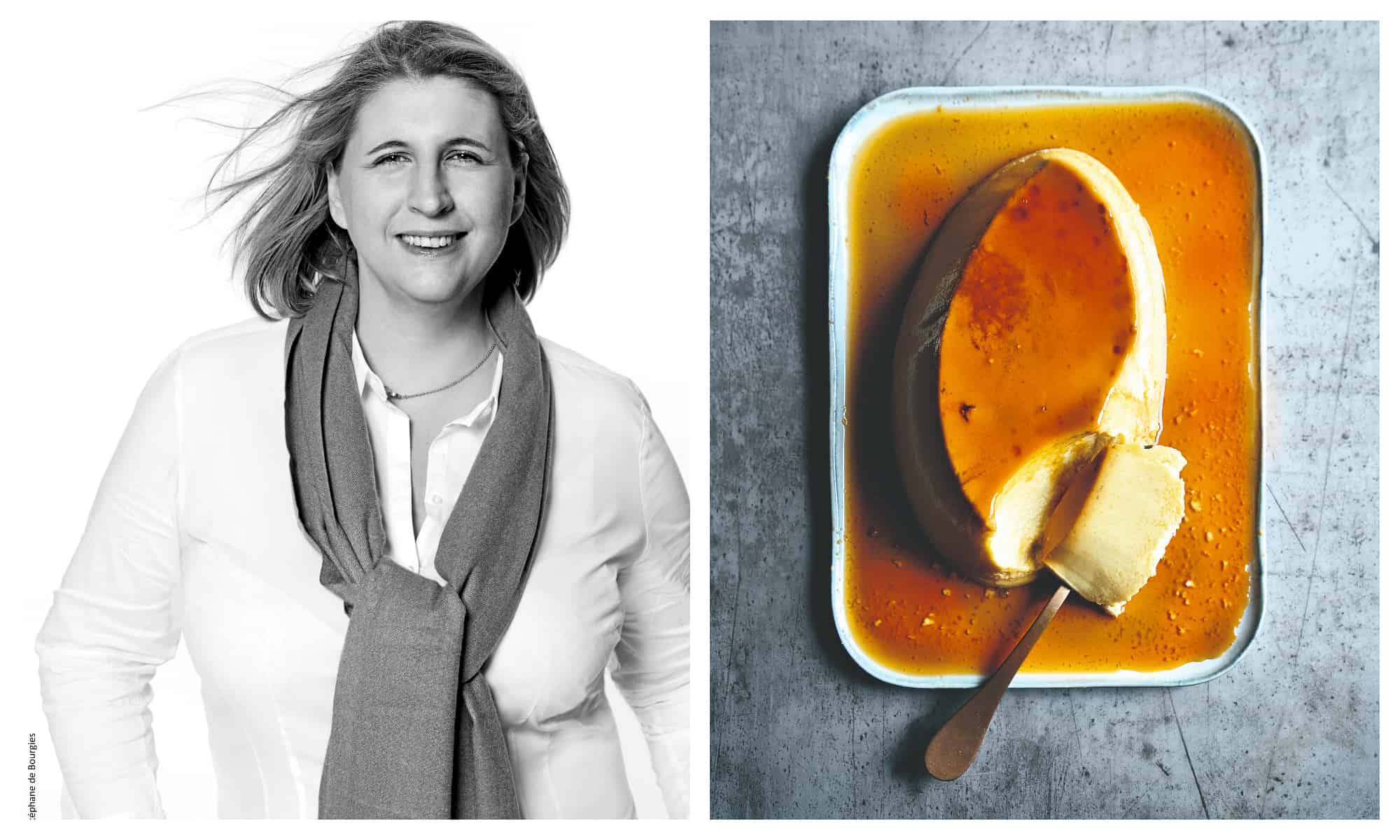 Left, a black and white portrait of 2-star chef Stéphanie Le Quellec. Right, a dish with unctuous crème caramel dessert covered in caramel with a spoon dug into into it.