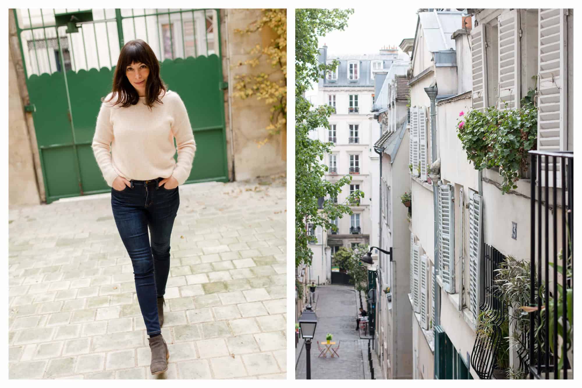 On left: Rebecca Plotnick, travel photographer and blogger at Everyday Parisian, on a stroll through Paris. On right: The charming shuttered facades of Montmartre stay open on a warm day. 