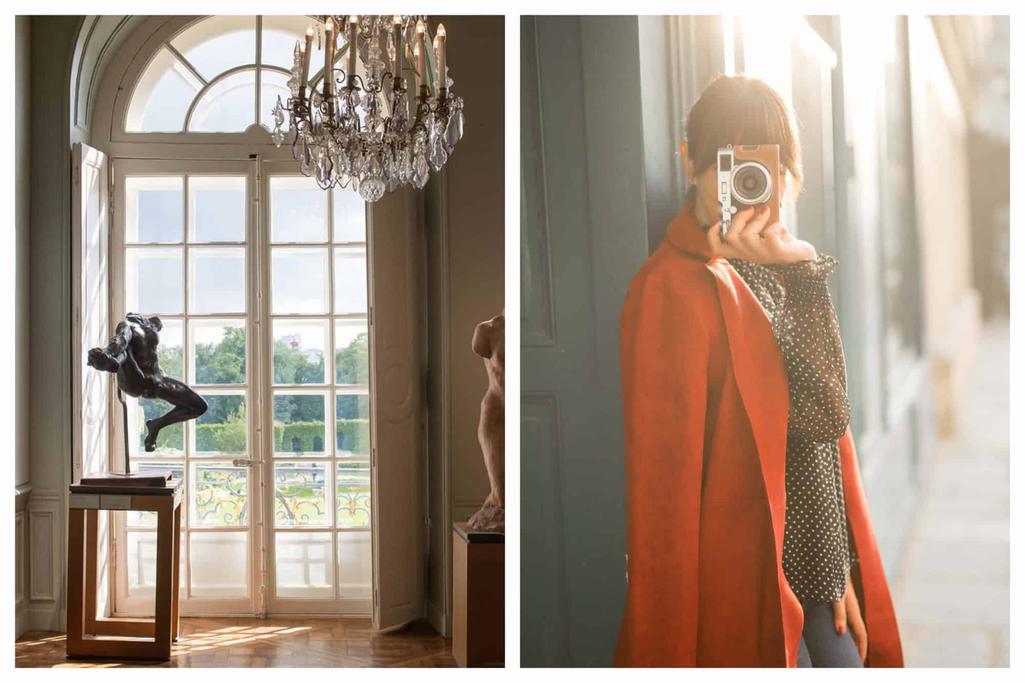 On left: French doors look out onto a sunny afternoon in the garden at the Musée Rodin, in Paris' 7th arrondissement. On right: Rebecca holds up her retro camera for a photograph at golden hour in Paris. 