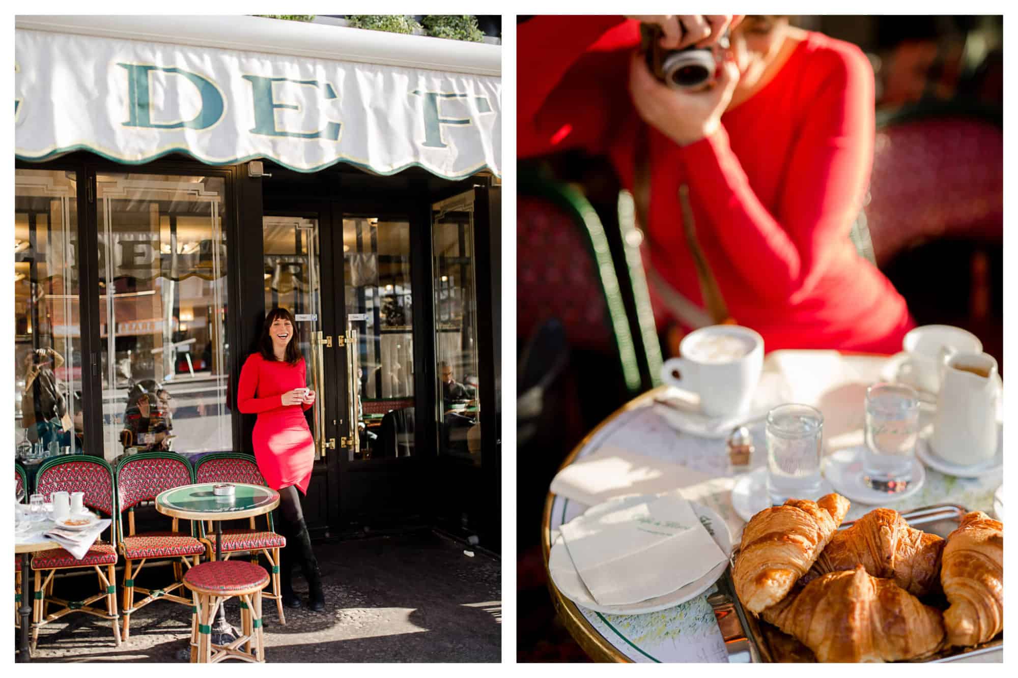 On left: Rebecca Plotnick, travel photographer and founder of the blog Everyday Parisian, smiles under the awning of one of her favorite cafés, Café de Flore, in Paris' Saint-Germain-des-Près neighborhood. on right: Rebecca snaps a photo on a vintage camera of a sumptuous spread of warm croissants and coffee at Café de Flore.  