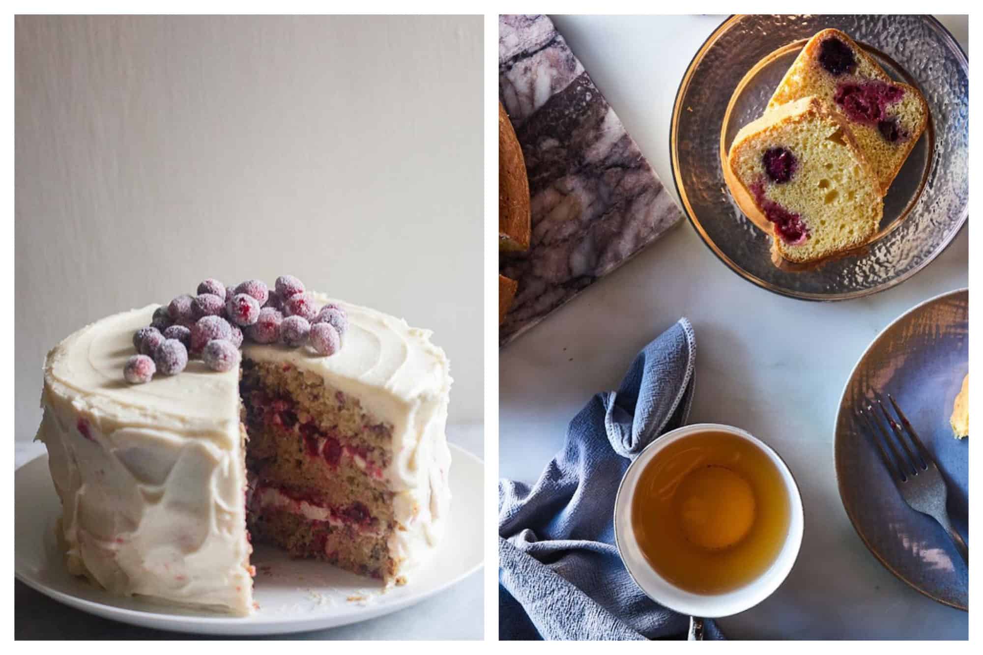 On left: A towering, generously-frosted cranberry and parsnip cake is illuminated by the soft window light. On right: It's tea time, complete with thick, soft slices of Italian berry cake. 