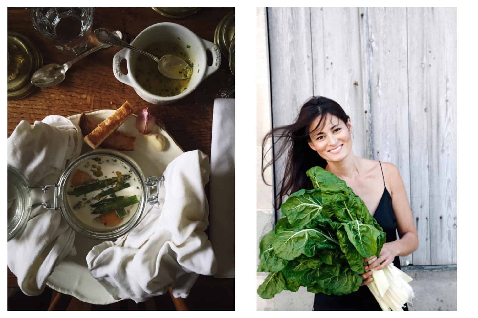 On left: A luscious oeufs en cocotte - baked eggs - with asparagus wait to be dunked by freshly toasted bread. On right: A portrait of Mimi Thorisson, the founder of the popular eponymous food blog. She resides in the Médoc region of France, hosting workshops, writing cookbooks, and wrangling her large family.