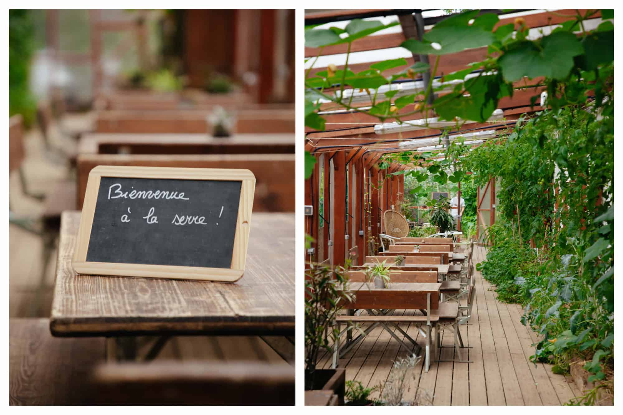 On left: A rustic chalkboard sign welcomes visitors to the greenhouse of La REcyclerie in Paris' 18th arrondissement. On right: Empty farm tables await in the greenhouse of La REcyclerie. 