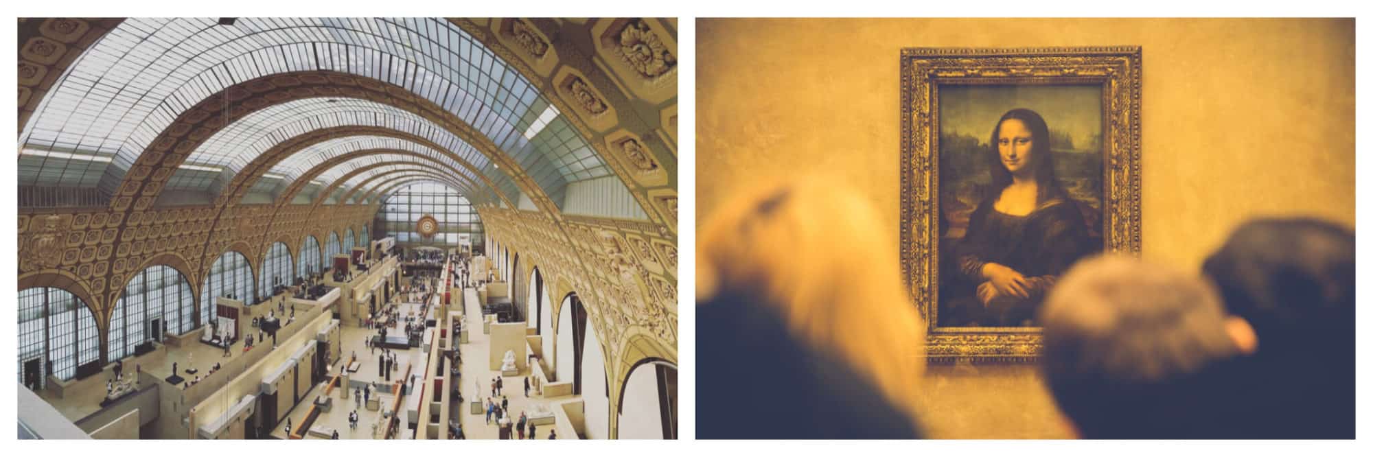 Left: the interior of D'Orsay Museum. It's a long room with an arched largely glass roof. The walls are engraved with a repetitive flower motif. The photo is taken from up high, looking down. There are sculptures along the first floor and the mezzanine above it, and there are lots of people. Right: Leonardo de Vinci's Mona Lisa painting hanging in the Louvre Museum. There are some people in front, looking at the painting. Their heads are out of focus.