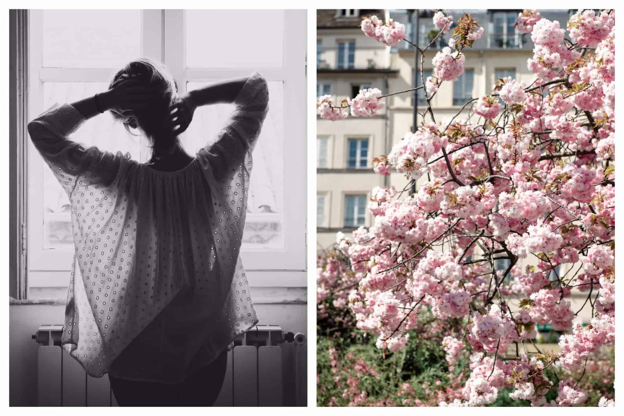 Left, woman seen from the back as stays home during the Covid-19 pandemic. Right, cherry tree blossoms in Paris spring at the moment.