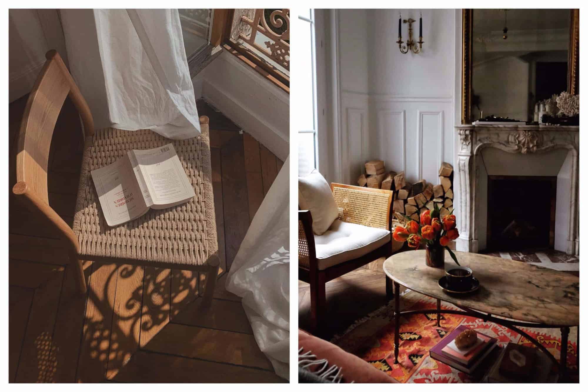 Left, a chair with a book on it in the sunshine as we all stay in during the Coronavirus. Right, Parisian interiors with a gorgeous fireplace.