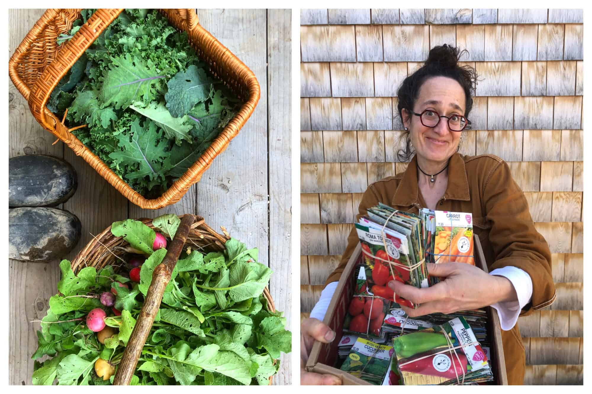 Left: A pair of muddy boots next to two baskets of fresh produce picked from a garden, including kale and radishes, Right: Erica Berman, founder of both HiP Paris and Veggies to Table, hold 1100 seed packets she is about to donate to pantries so people can grow their own gardens.