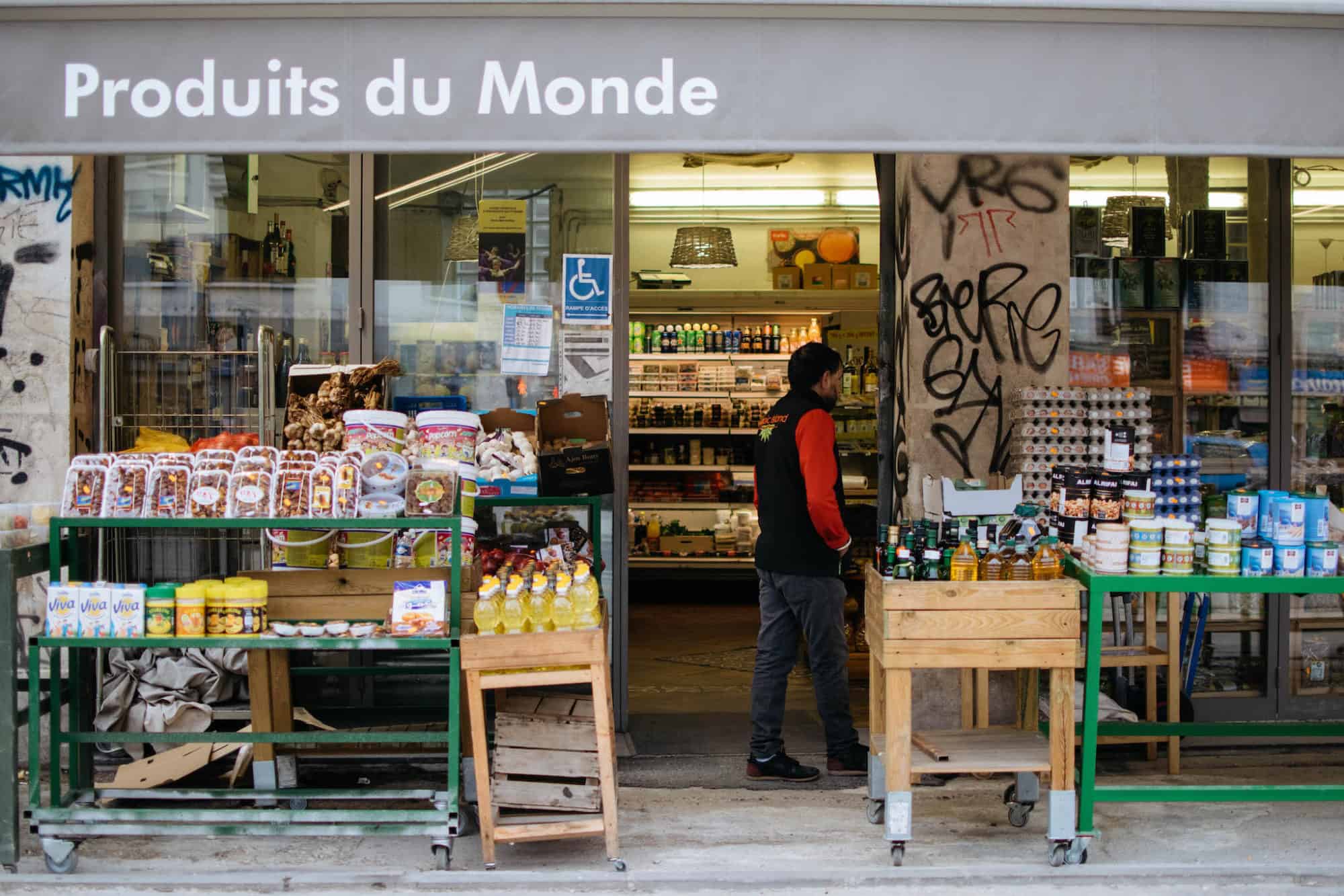Ingredients and food products are lined up in front of Produits du Monde, a Middle Eastern épicerie (small grocery store) in Paris.