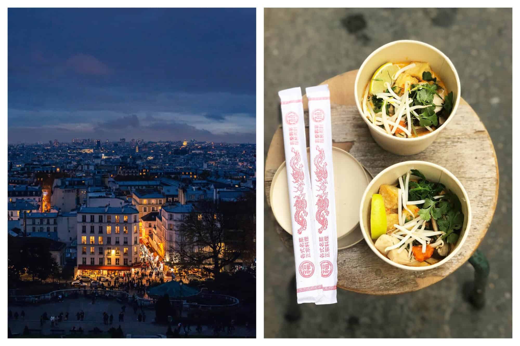 Left: A view of the bottom of Montmartre is visible under the blue and purple tones of dusk, bright orange light illuminates from the buildings and street in the middle of the photo, Right: Two pairs of chopsticks and bowls of Southeast-Asian food from The Hood in Paris sit on a wooden stool.