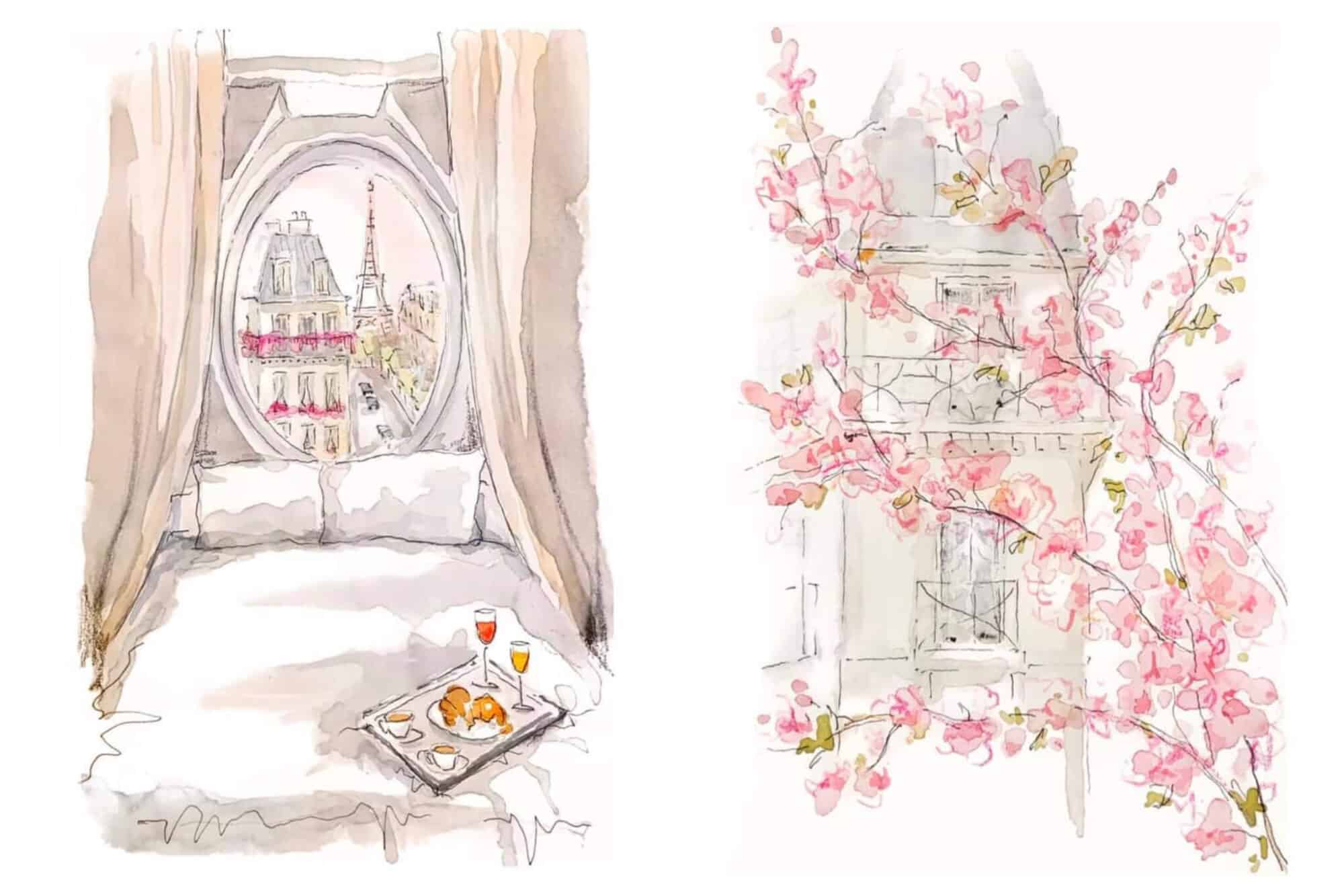 Left: A watercolor of a room in Paris-- in the forefront of the painting is a bed and a tray of croissants, coffee and drinks. In the background is a window with a view of the Eiffel Tower, Right: A watercolor of a Parisian building, in front of it a blooming cherry blossom tree. 