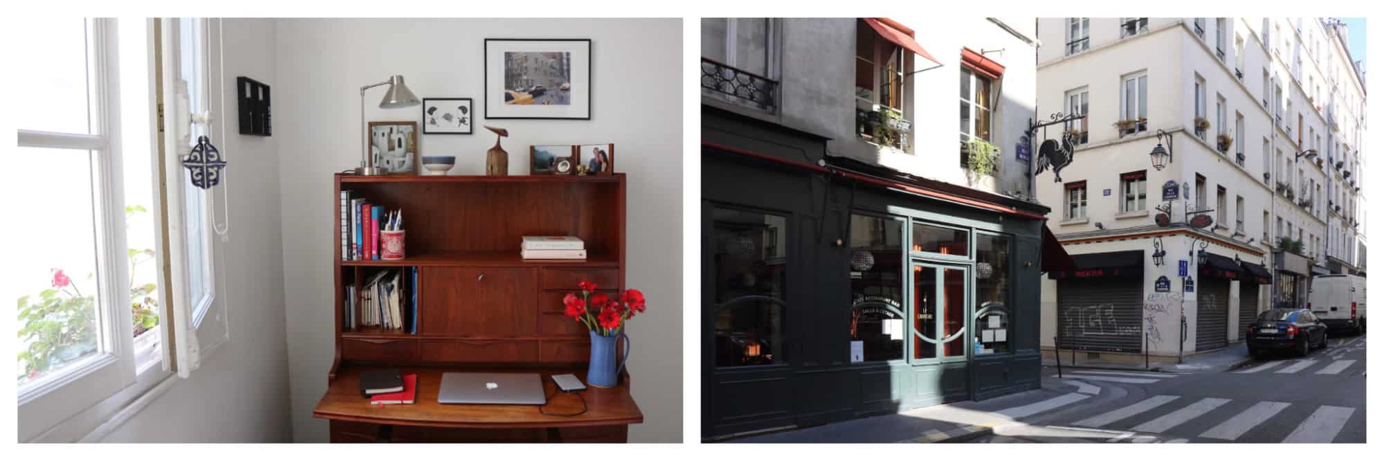 Left: Kasia's desk, filled with books, flowers and a laptop, where she has been working from home during the lockdown.
Right: An empty street in Paris lined with non-essential businesses which have temporarily closed during the lockdown.