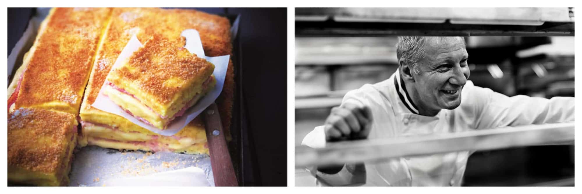 Left: A slice of Eric Frechon's delicious ham and cheese croque monsieur has been sliced and prepared to be served; underneath it are a knife and more croque monsieurs. Right: A black and white photo of Michelin-Star chef Eric Frechon, smiling in a restaurant kitchen.