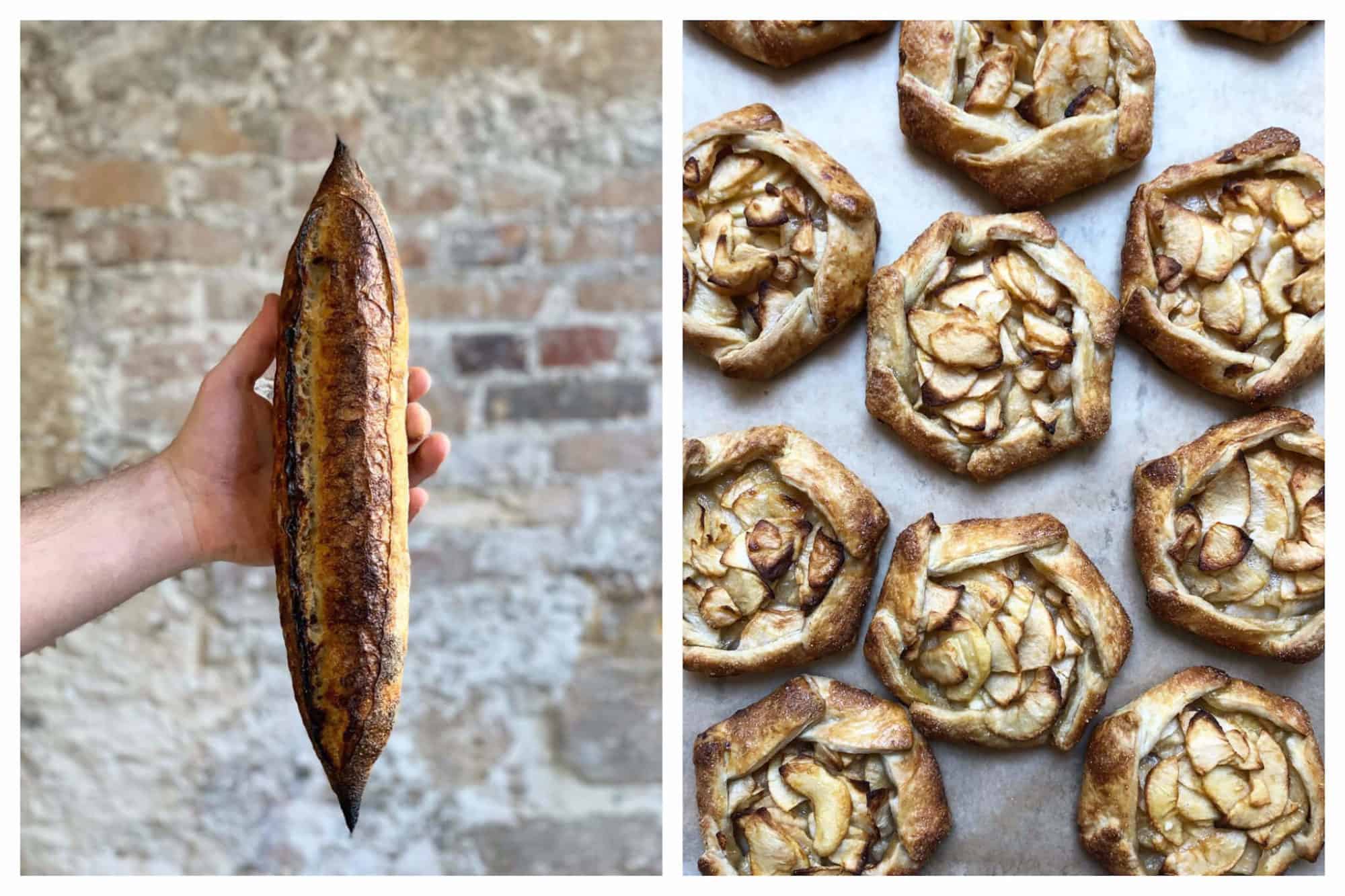 Left: someone holding a French baguette in front of a brick wall. Only the person's hand and the bread is visible. Right: an aerial view of a tray of several apple tarts. They are small and open faced so that the cut apples are visible.