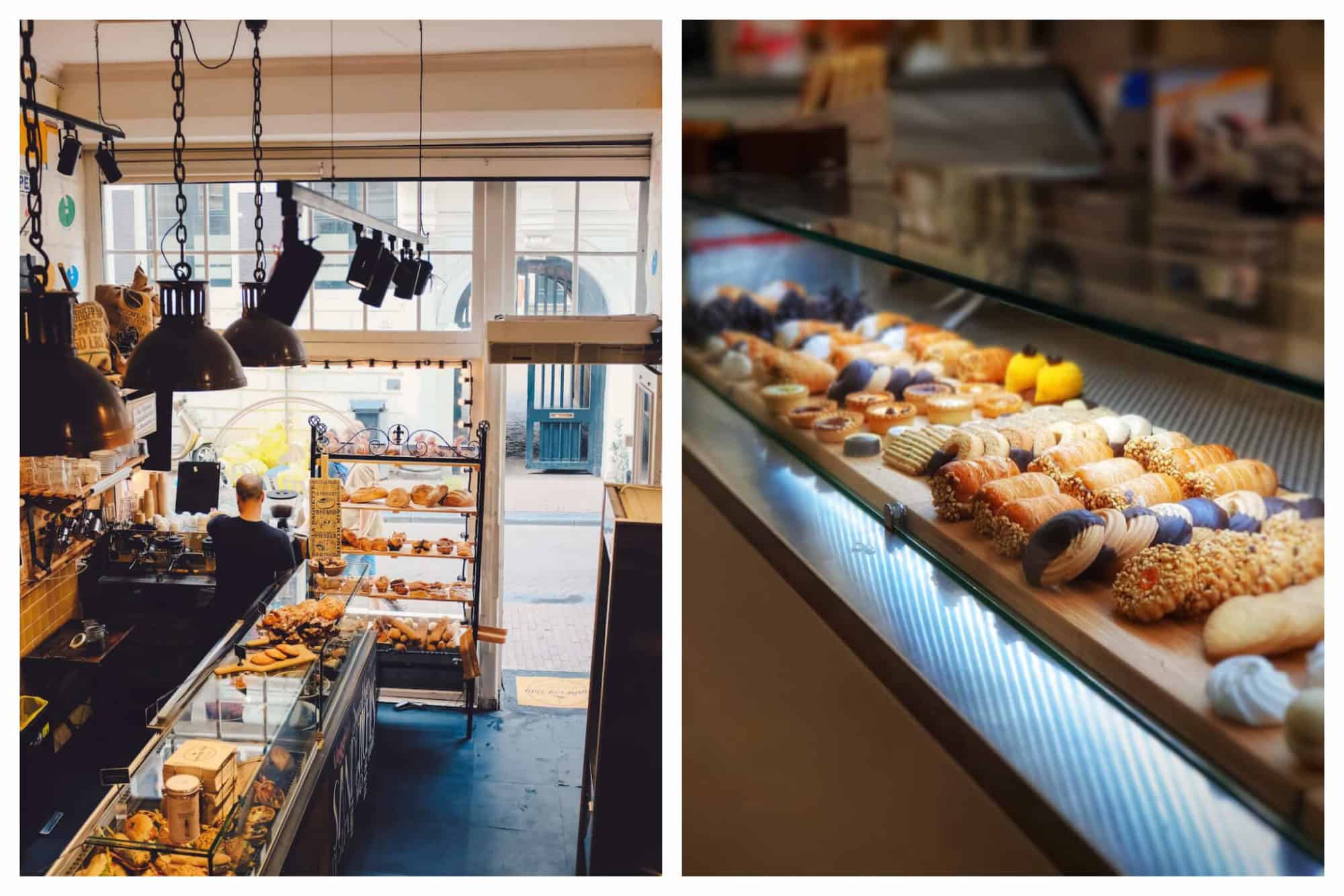 Left: On overhead view of the inside of a bakery from the inside looking out, baked goods and assorted products can be seen in the shop, Right: Fresh baked pastries and desserts lay next to each other under a bright light on a counter.