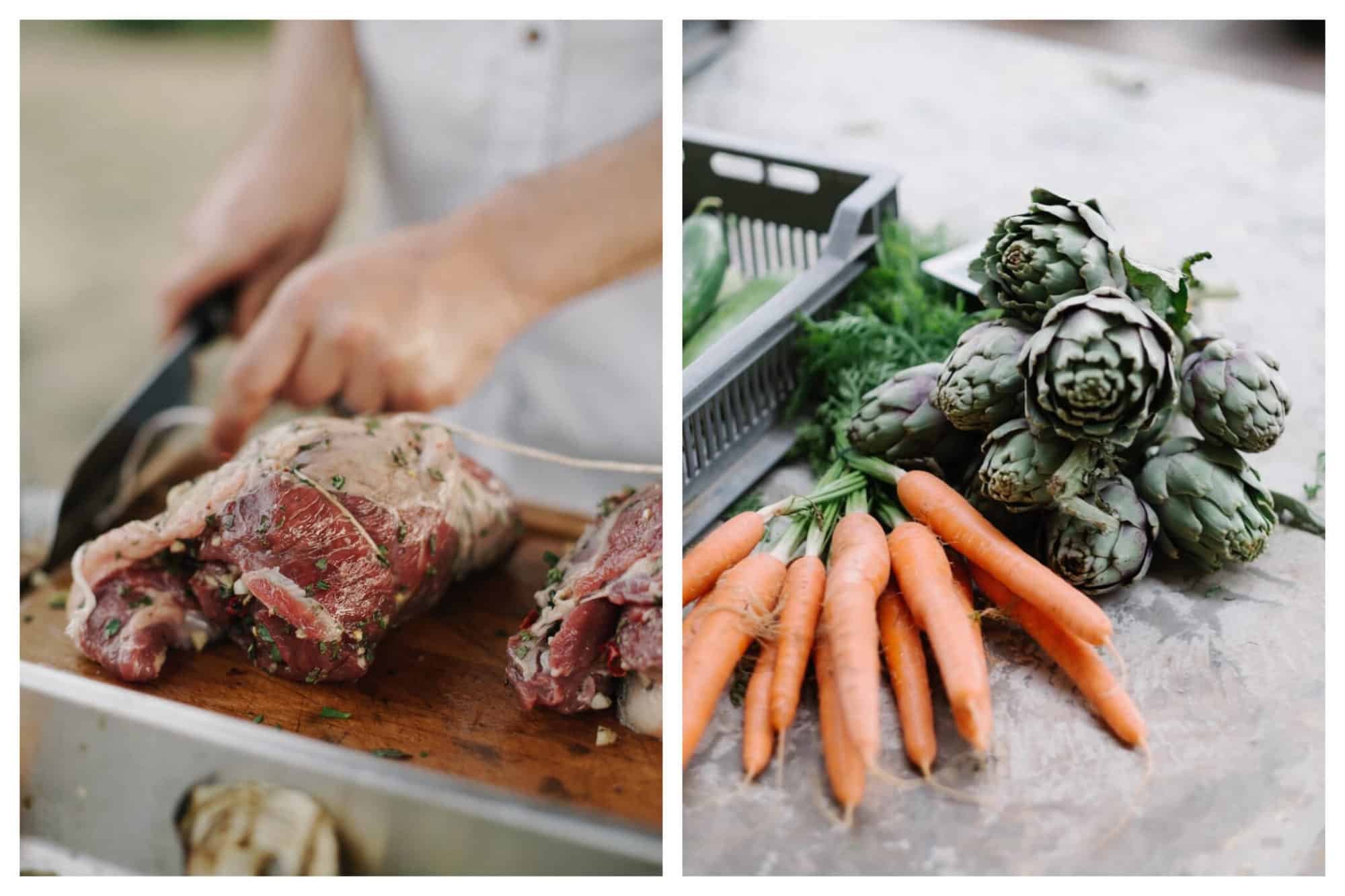 Left: A butcher slices a piece of fresh, seasoned raw meat with a butcher's cleaver, Right: Fresh produce, including carrots and artichokes, lay together on a flat surface.