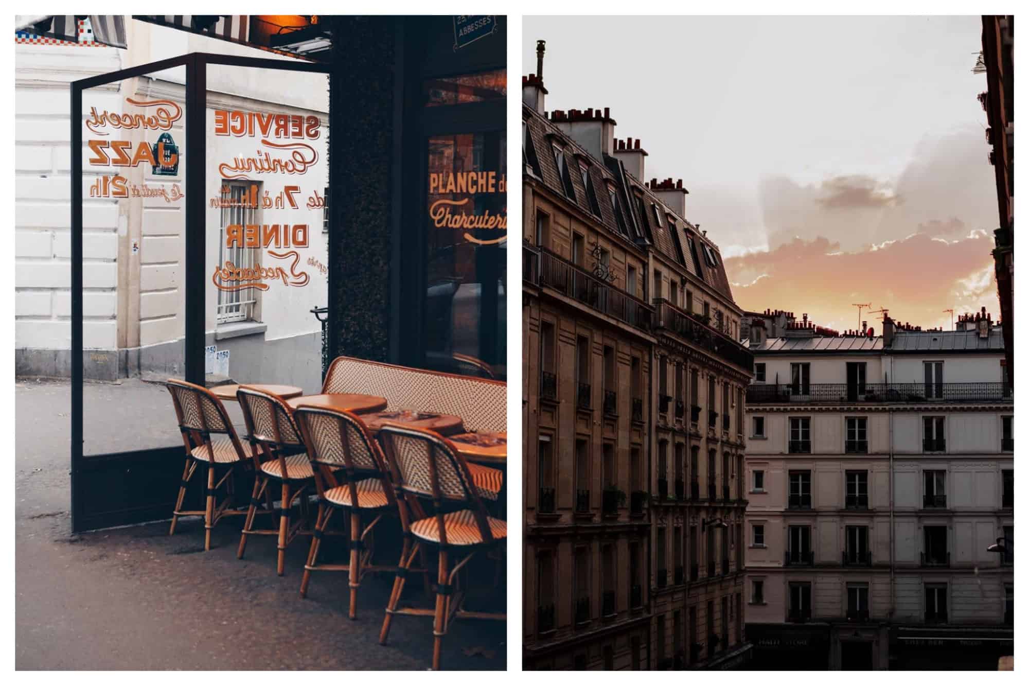 Left: Empty tables and chairs sit outside a closed cafe in Paris admist the lockdown in France; Yellow writing can be seen on the windows. Right: The sun sets over beautiful Haussmann-style apartments in Paris in the late evening.  