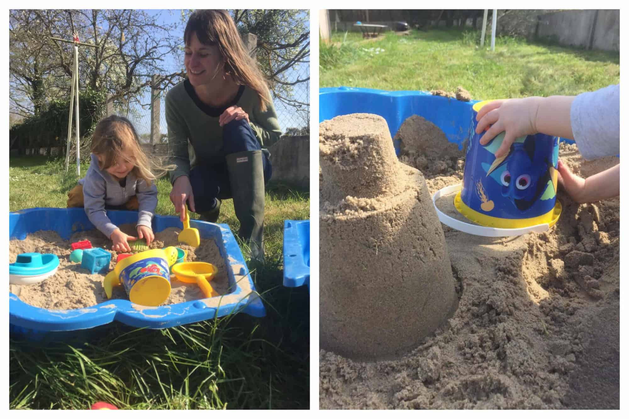 Left: Emily Dilling plays in the sandbox in their garden at home with her daughter.
Right: Emily's daughter makes sandcastles with a bucket, on which there is an image of Dory from Finding Nemo.