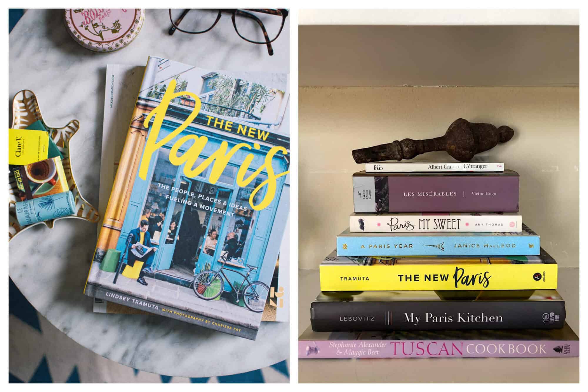Left: A book, "The New Paris" by Lindsey Tramuta, sits atop a marble table, Right: A stack of books on a shelf, including books like "My Paris Kitchen," "The New Paris," and "Paris My Sweet"
