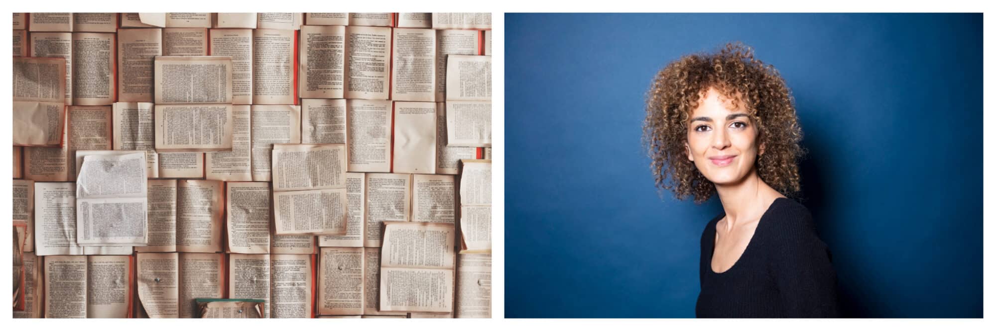 Left: Numerous books are opened and laid atop one another, Right: Leila Slimani stands in a long black sleeve shirt in front of a blue background