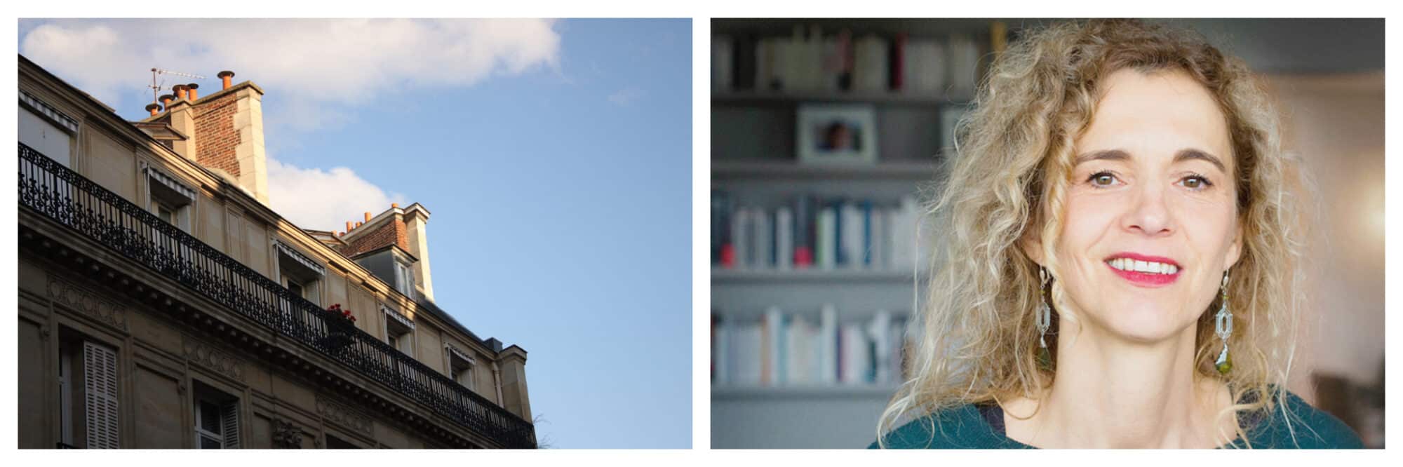 Left: The top of an apartment building in Paris as the sun sets on the roof, blue sky and cloud are visible in the background, Right: A portrait of Delphine de Vigan, wearing a blue shirt and standing in front of a wall of books