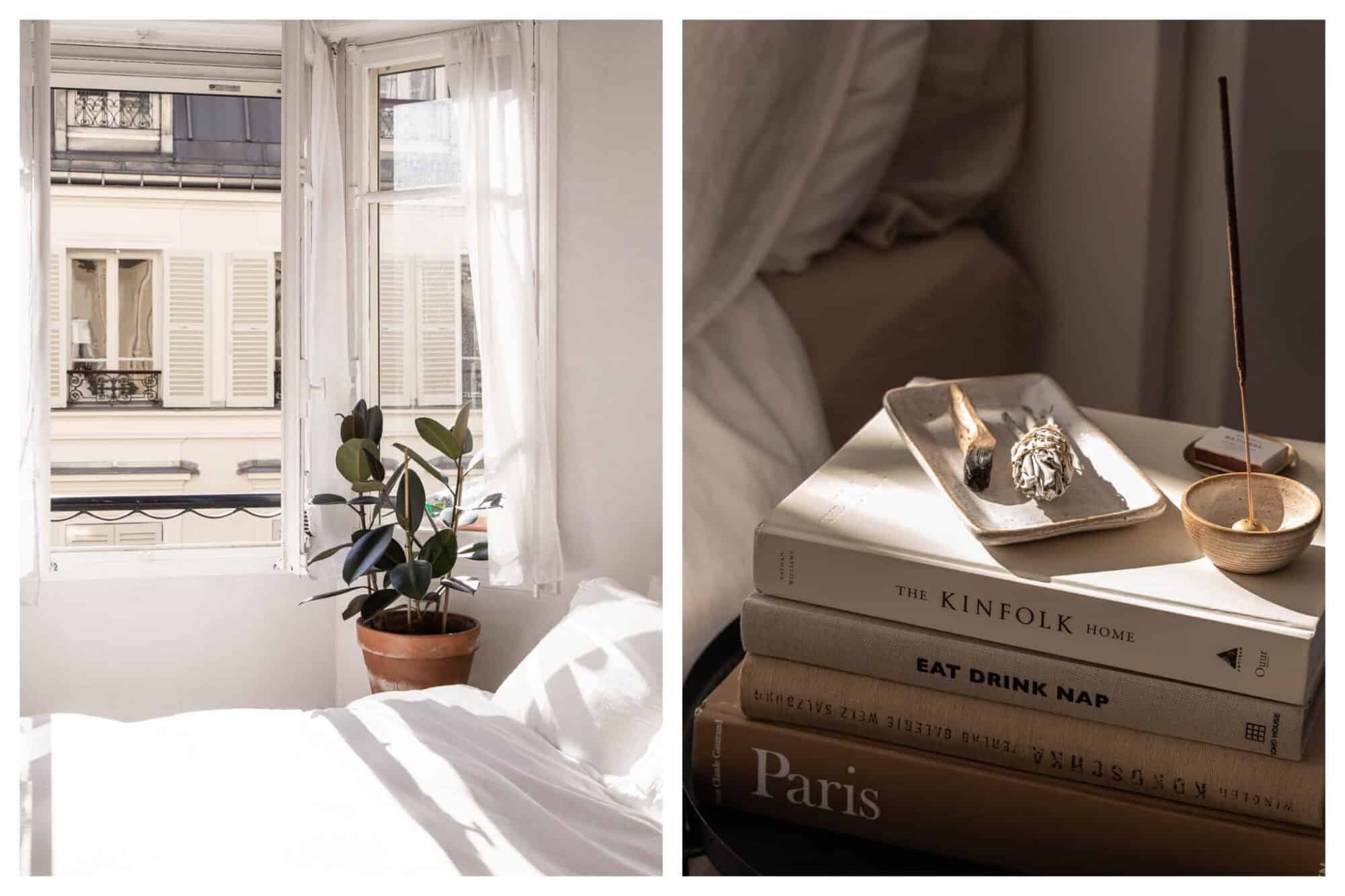 Left: Light comes into Roxanne's apartment on a sunny day onto her white bedspread, a plant sits next to her window which opens out to a view of a Parisian apartment, Right: incense sits atop a stack of books, including The Kinfolk Home and Eat Drink Nap.