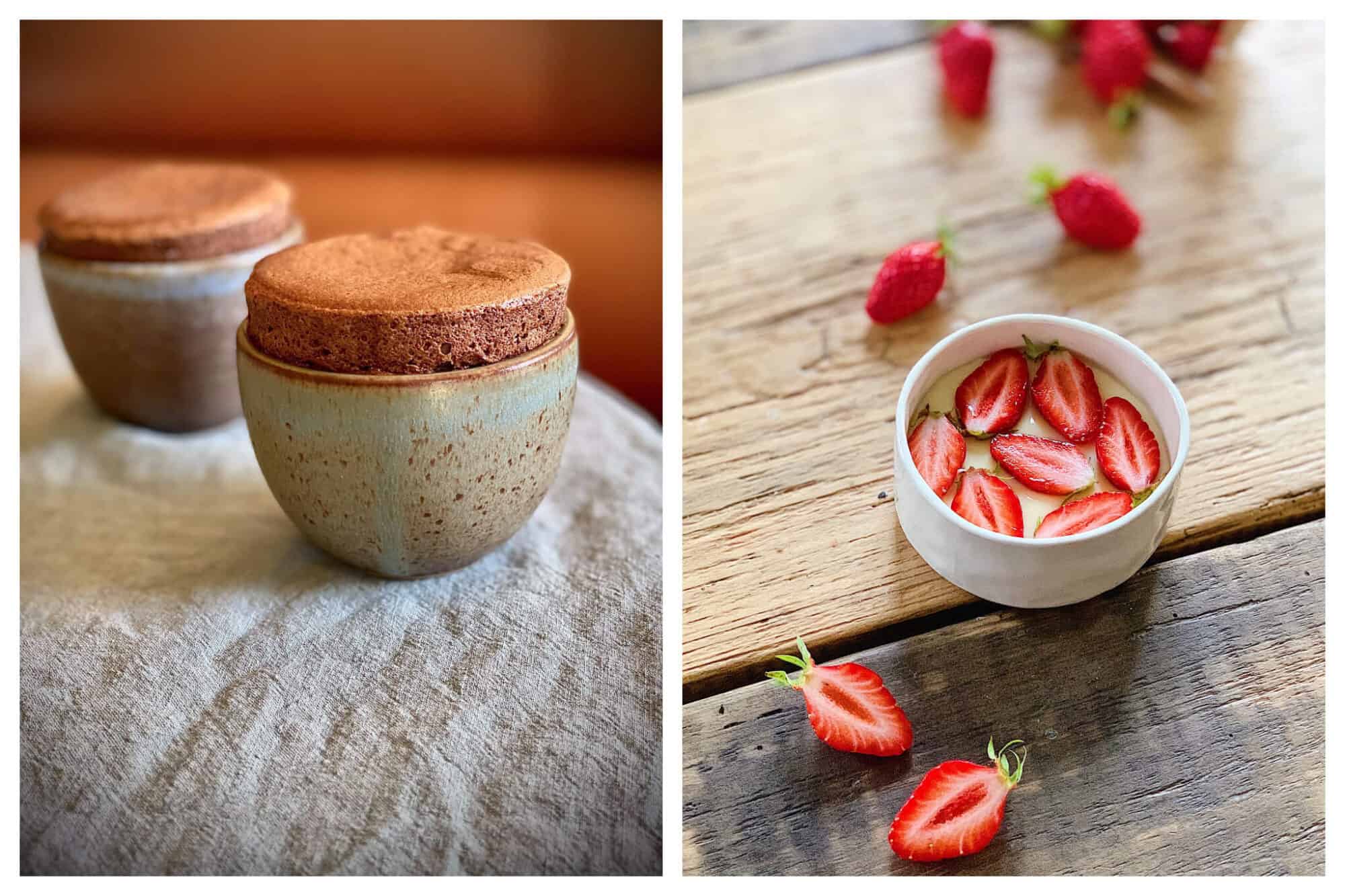 Left: two chocolate soufflés in bowls sitting on a linen material. 
Right: a bowl of panacotta with strawberries on top sitting on a wooden table. There are also some strawberries scattered on the table.