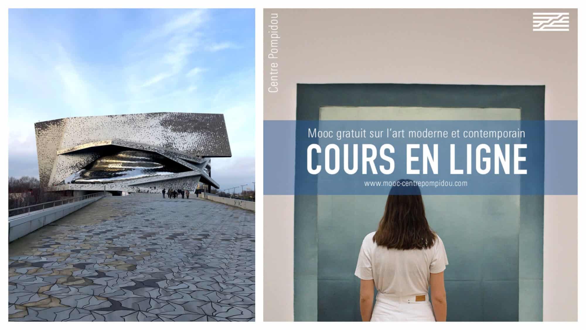 Left: the Philharmonie de Paris building in front of a blue sky. There is a grey tiled walkway leading up to the building. The building appears silver and shimmering in the light.
Right: a promotional image for the modern and contemporary art course at Centre Pompidou. There is a brunette girl in white standing in front of an artwork. There is French text across the image.