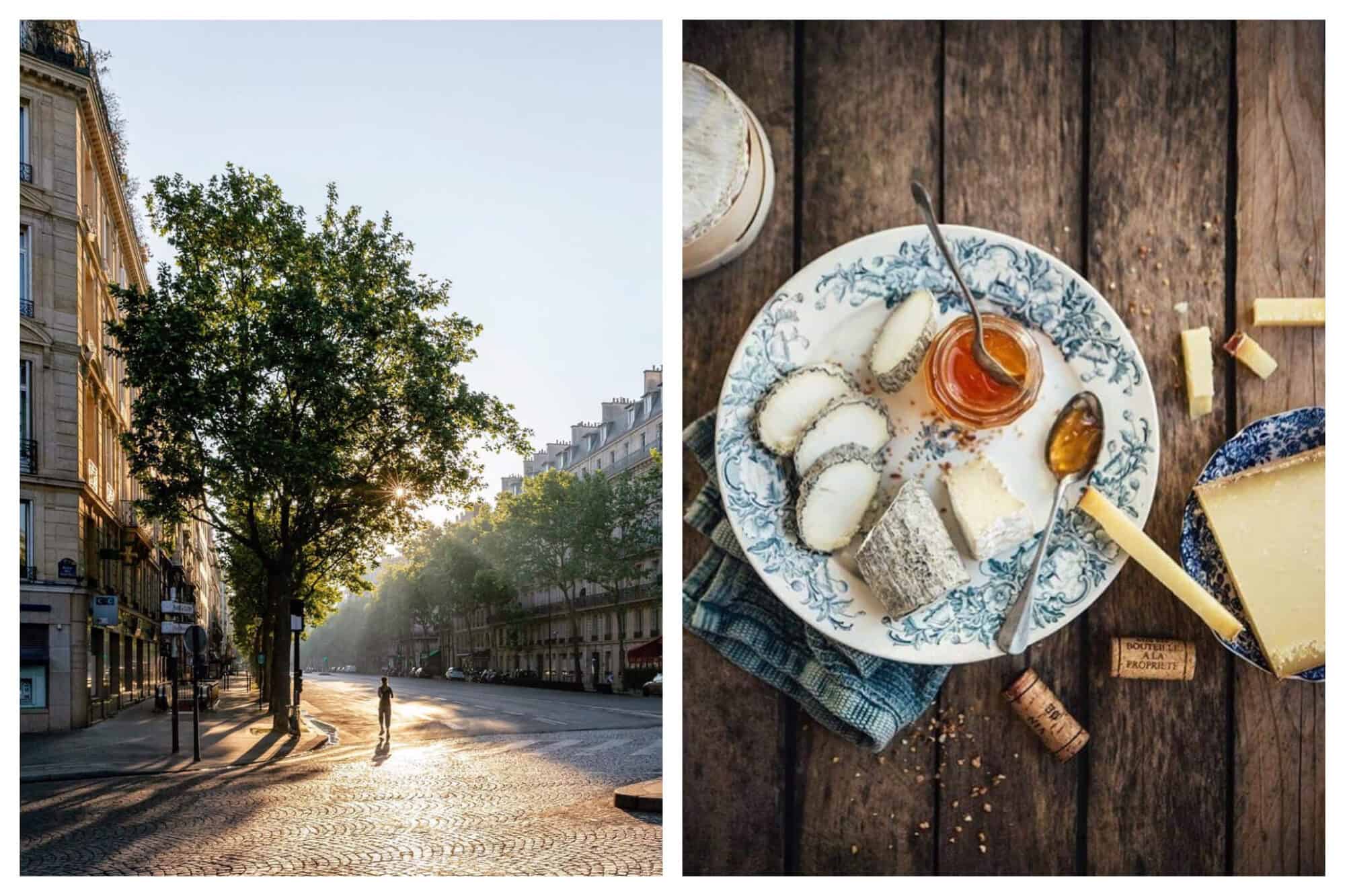 Left: A jogger runs down an empty street in Paris in the early evening, Right: a bouche of goat cheese, jar of confiture, wine corks and a slab of comté cheese sit on blue plates atop a wooden.