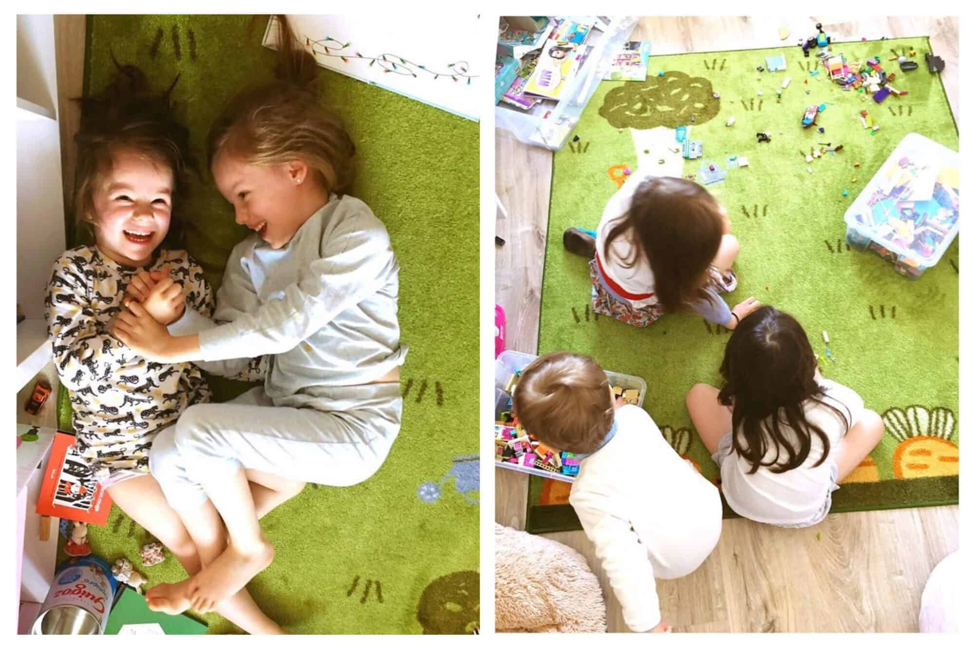 Left: Two children, one brunette and one blonde, smile while playing together atop a green carpet, Right: Three children play with legos atop a green carpet