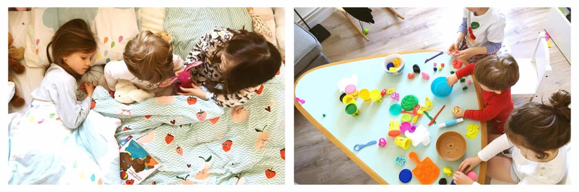 Left: Three children sit and lay in bed under a blue duvet that has a print of pink and red strawberries, Right: Three children play with play-doh and colorful toys on top of a blue table.