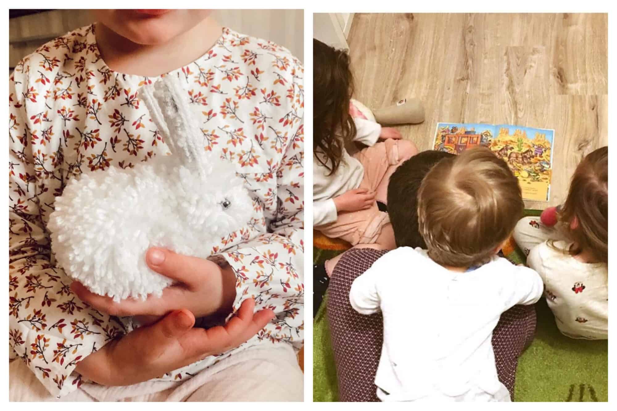 Left: A child holds a white stuffed animal rabbit in their hands, Right: A person reads a story to three children who are on top and around him.