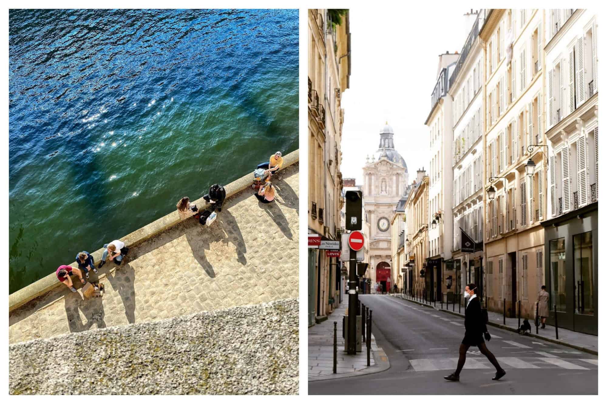 Left: People sit on the banks on the Seine on a sunny day, the water blue and green, Right: A man walks through an empty Marais while wearing a face mask