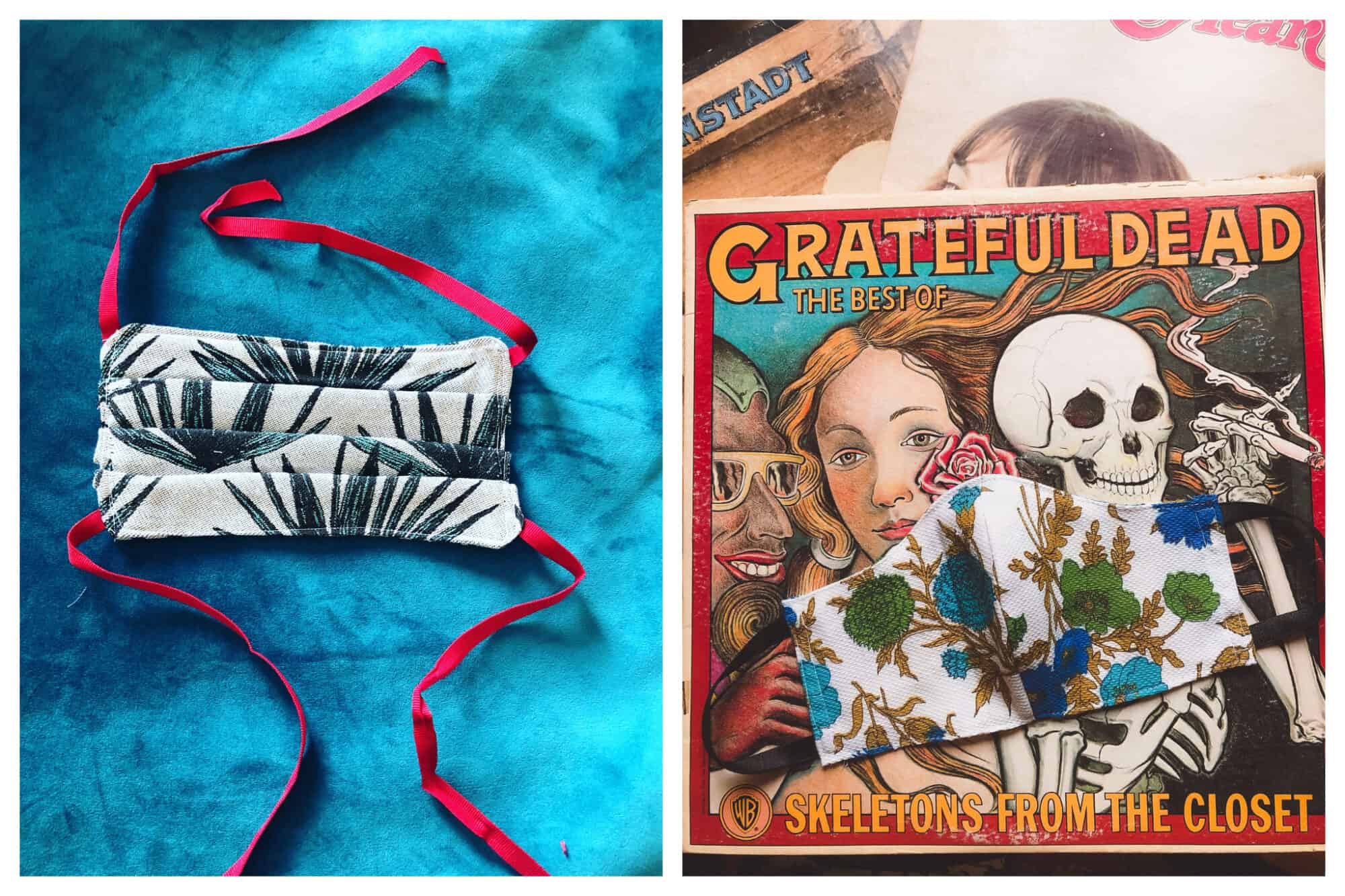 Left: a white and green face mask with a plant motif and with red straps on a blue velvet background.
Right: a white blue and green face mask sitting on an old record, Skeletons from the Closet: The Best of Grateful Dead.
