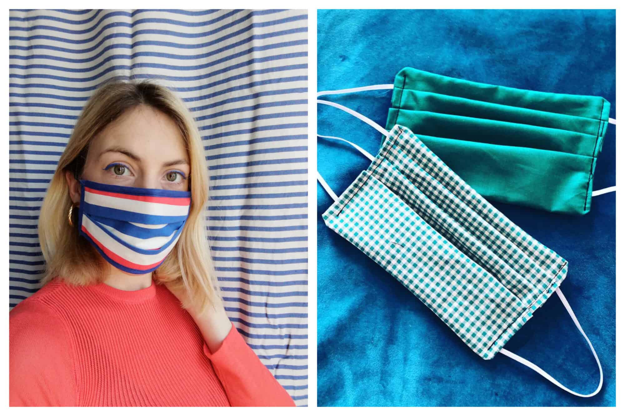 Left: A blonde woman wears a blue white and red face mask.
Right: a gingham green and white face mask and a plain emerald green face mask on a blue velvet background.