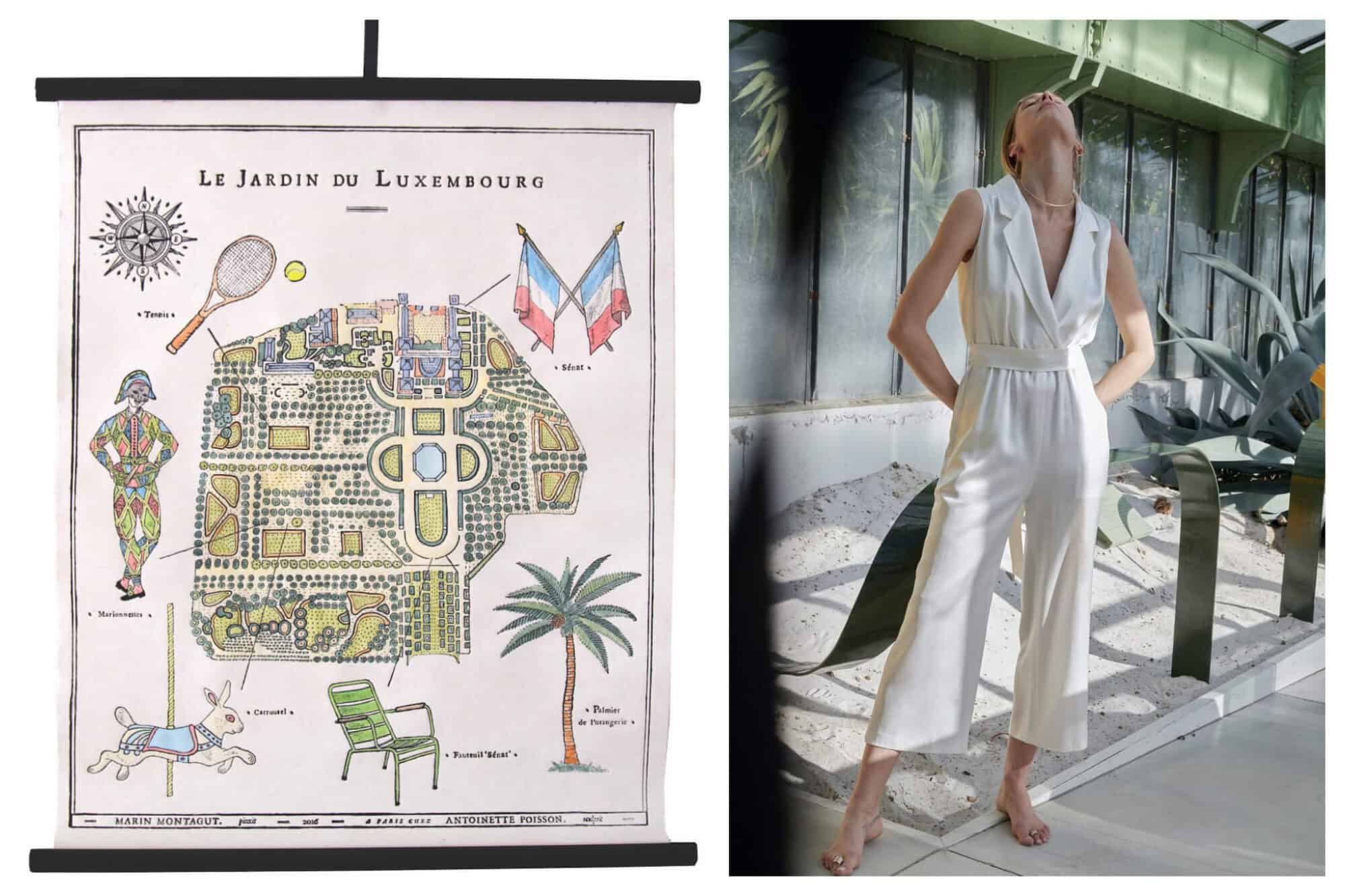 Left: A poster shows Paris related items, including the Jardin du Luxembourg and French flags, Right: A woman wearing a long white jumpsuit poses with her hands in her pockets and her face looking up to the sky 