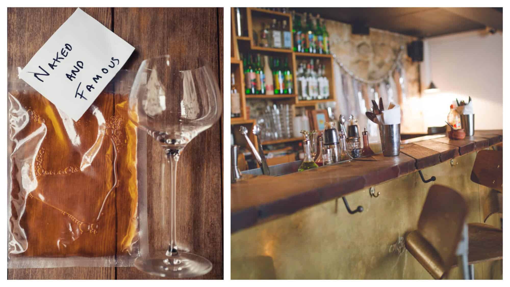 Left: A wine glass on a wooden table next to a pouch of wine. Right: the bar at Candelaria in Paris. 