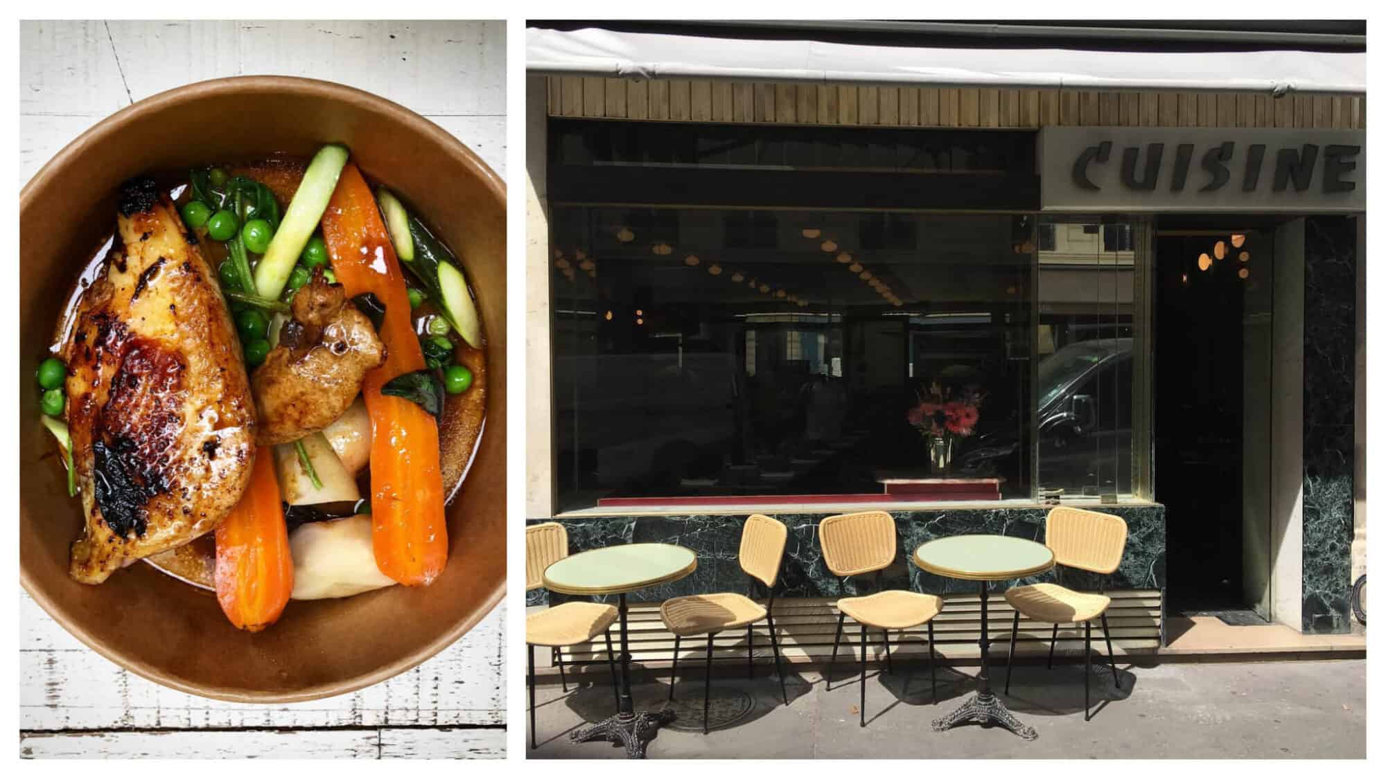 Left: a chicken and vegetable bowl from Les Enfants du Marché. Right: the terrace at Paris restaurant Cuisine.