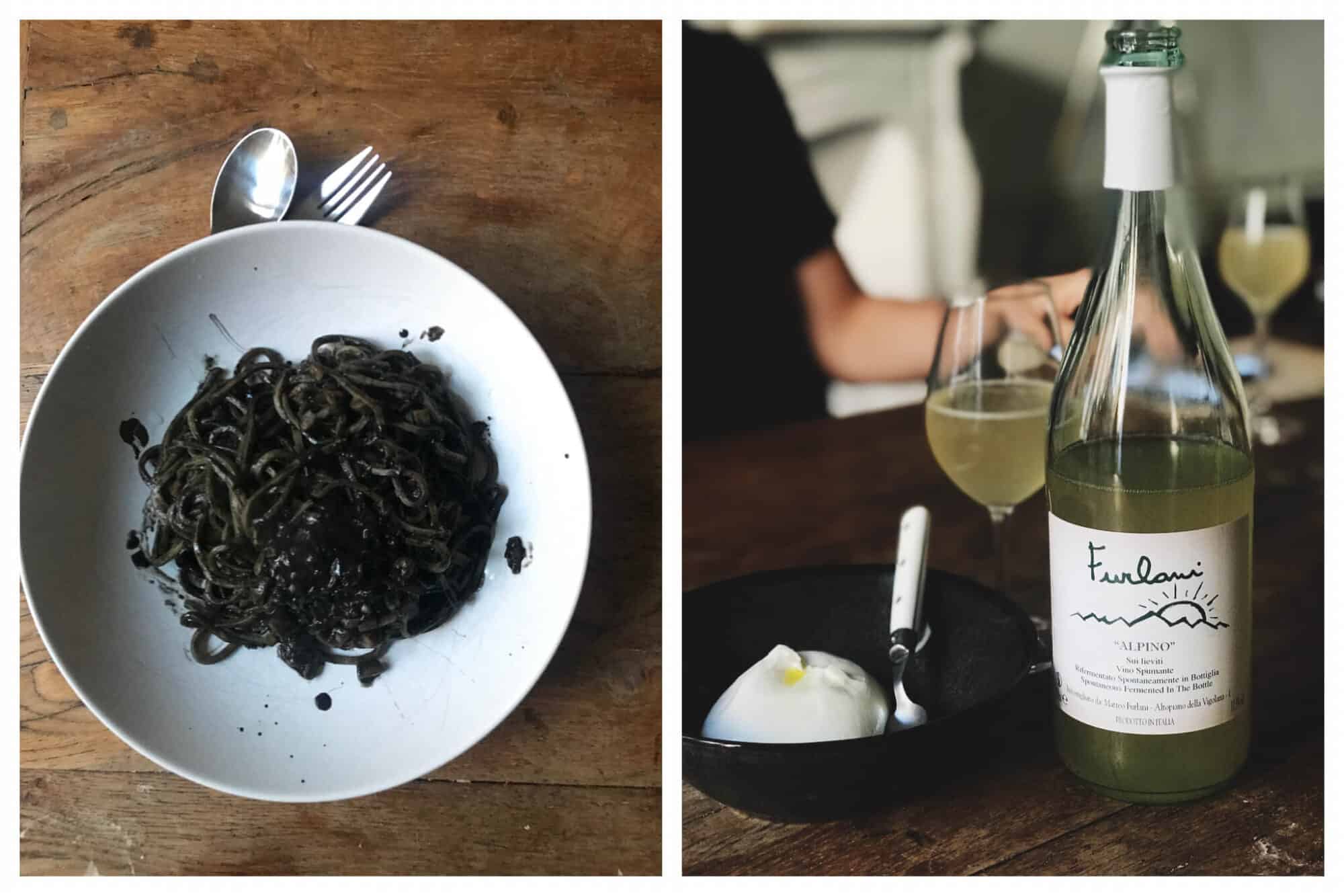 Left: squid ink pasta in a white plate on a timber table. Right: a ball of mozzarella and a bottle of white whine from Passerini. 