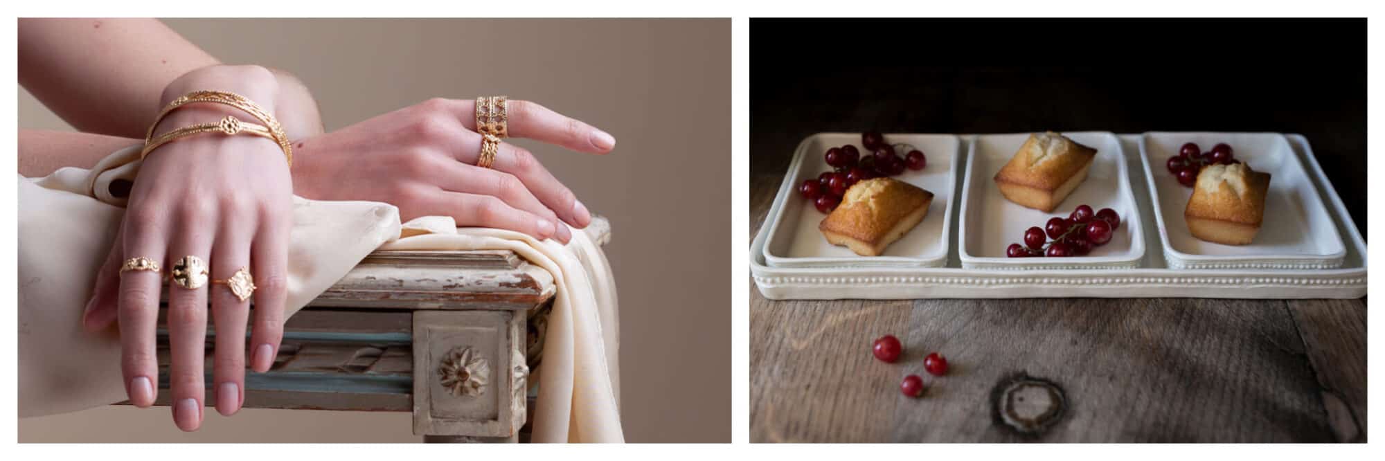 Left: two hands wearing gold rings and bracelets lay atop each other, posed on a table, Right: Grapes and small baked goods sit in white porcelain rectangular bowls atop a wooden table